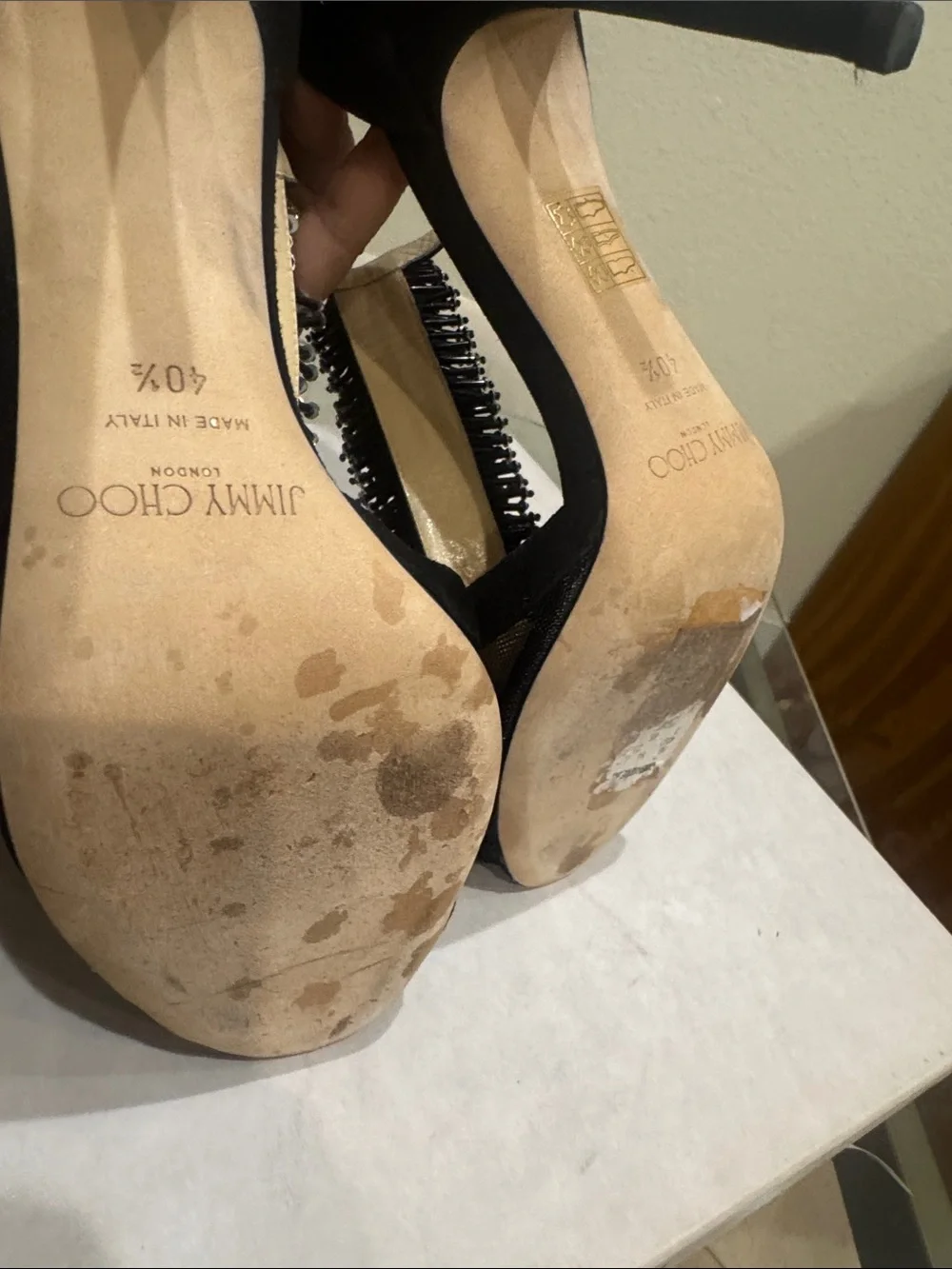 Jimmy Choo Black Crystal T-Strap Embellished Heels